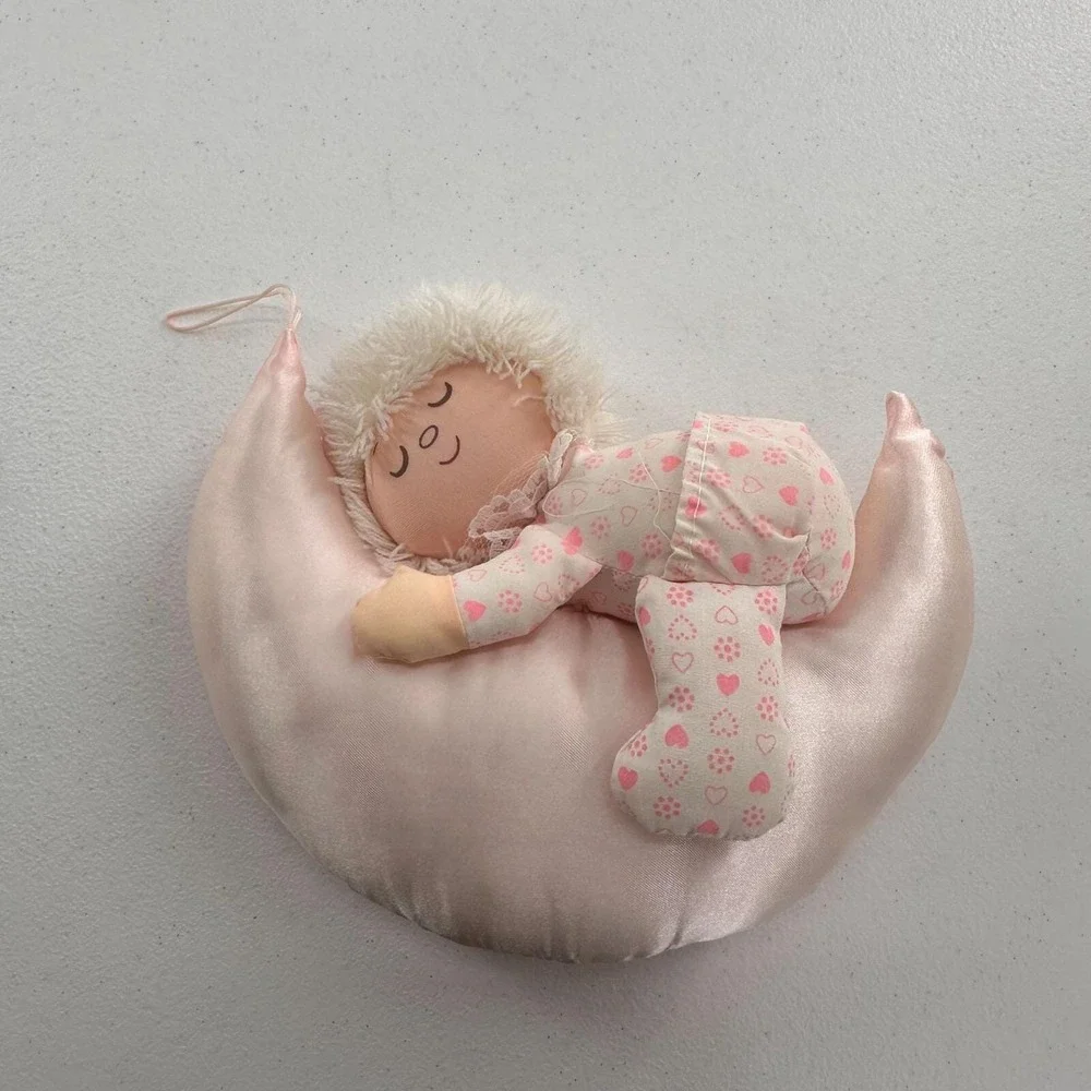 Vintage Russ‎ Berrie Plush Moon Doll Pink Pajamas Sleeping Baby 1984 Collectible